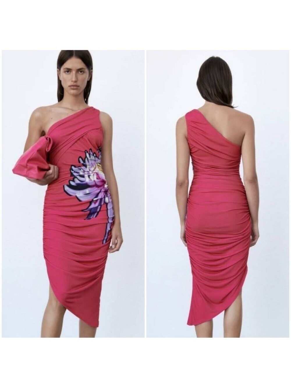 NWT Zara Side Flower Pink Draped Dress, Size S